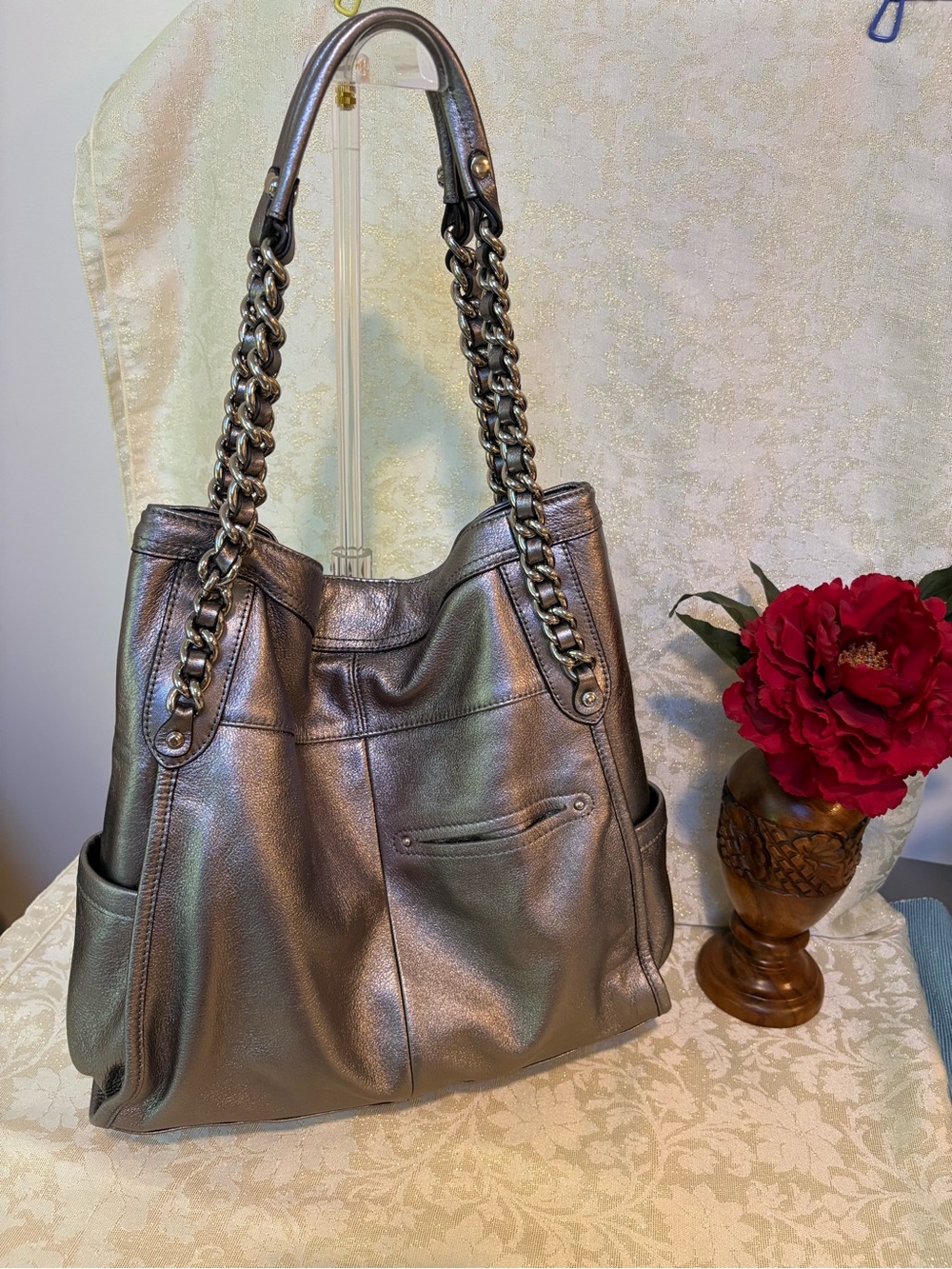 b. makowsky Metallic Pewter Leather Chain-Handle Shoulder Bag - Picture 8 of 15